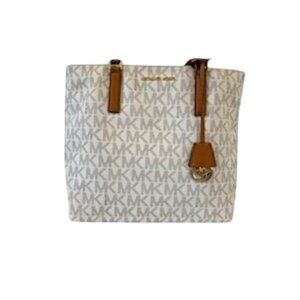 Michael Kors Vanilla Tote Bag  With MK Logo Print & Tan Leather Straps  Mint con